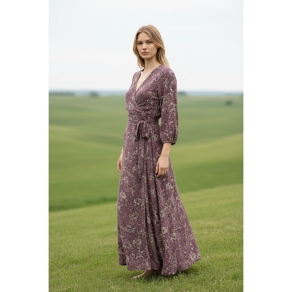Knox Rose Womens Floral Surplice Neckline Faux Wrap Maxi Dress Sz M Boho Prairie